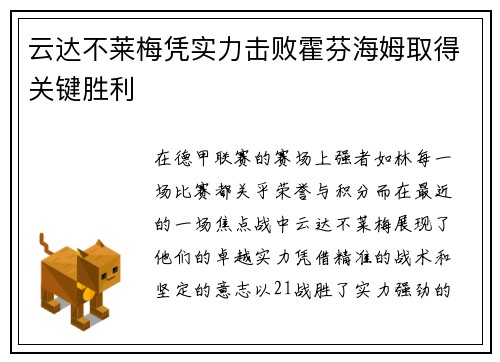 云达不莱梅凭实力击败霍芬海姆取得关键胜利