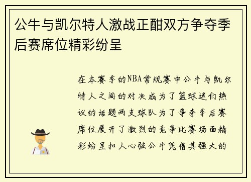 公牛与凯尔特人激战正酣双方争夺季后赛席位精彩纷呈