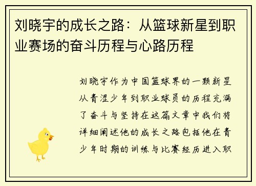 刘晓宇的成长之路：从篮球新星到职业赛场的奋斗历程与心路历程