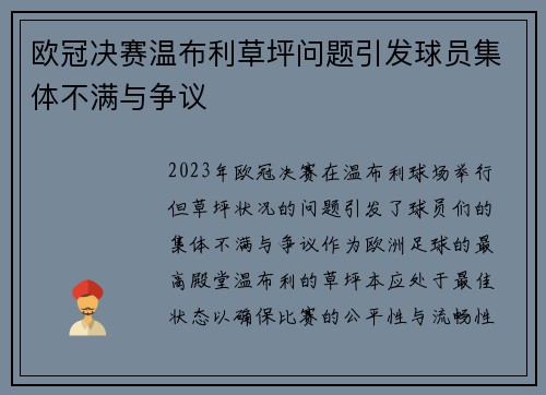 欧冠决赛温布利草坪问题引发球员集体不满与争议