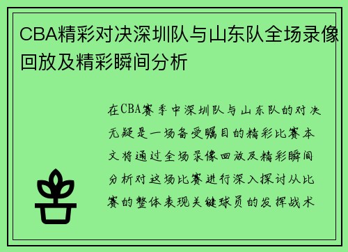 CBA精彩对决深圳队与山东队全场录像回放及精彩瞬间分析