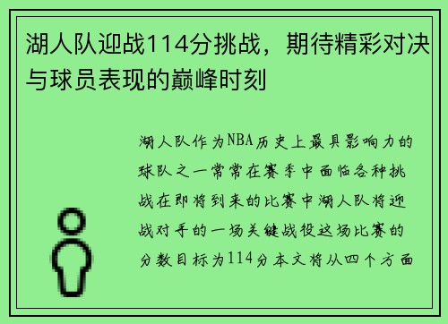 湖人队迎战114分挑战，期待精彩对决与球员表现的巅峰时刻