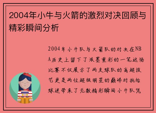 2004年小牛与火箭的激烈对决回顾与精彩瞬间分析