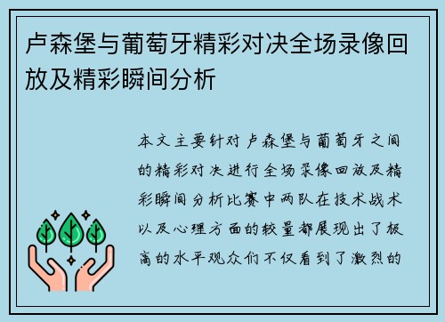 卢森堡与葡萄牙精彩对决全场录像回放及精彩瞬间分析