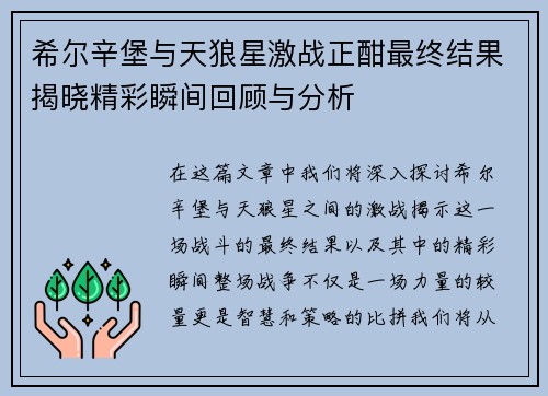 希尔辛堡与天狼星激战正酣最终结果揭晓精彩瞬间回顾与分析