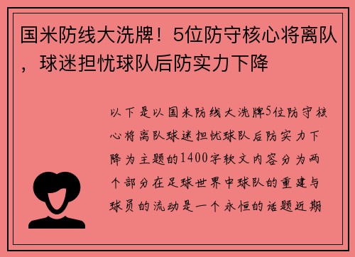 国米防线大洗牌！5位防守核心将离队，球迷担忧球队后防实力下降