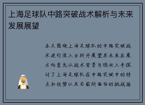 上海足球队中路突破战术解析与未来发展展望