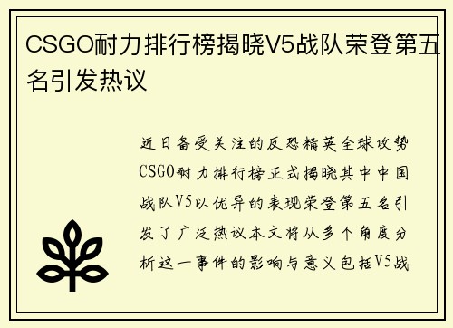 CSGO耐力排行榜揭晓V5战队荣登第五名引发热议